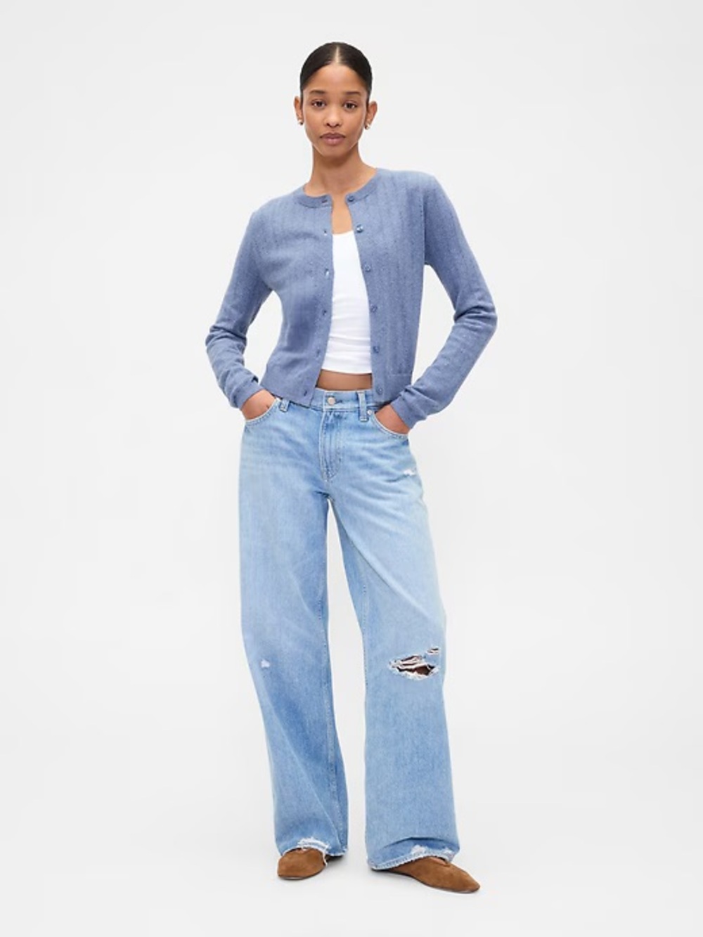 GAP Factory Light Blue Pointelle Button Cardigan - Picture 4 of 7